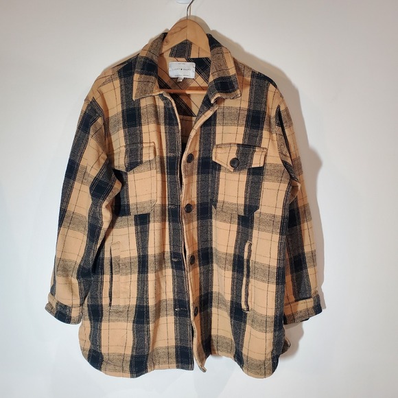 Lucky Brand Tops - Lucky Brand Women's Oversized Buffalo Plaid Shirt Jacket Shacket Tan Black Sz Lg